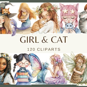 FILLE & CHAT - 120 cliparts aquarelles (Jolies filles et chats dans différents styles PNG, amoureux des animaux, chaton Clip Art, téléchargement numérique)