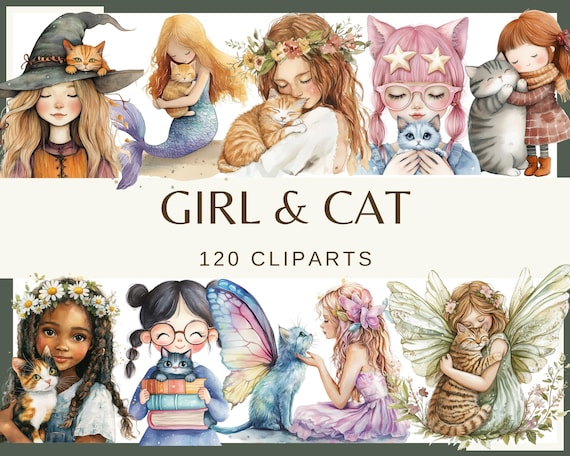 Watercolor Girls and Cats Clipart: Pet Lover PNG Graphics (Digital Download