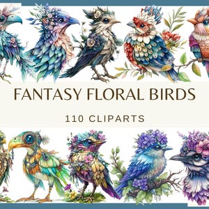 Oiseaux floraux fantastiques - 110 images clipart (300 dpi, oiseau rigolote fatigué, oiseau féerique perroquet, corbeau, perroquet, png, faune, oiseau féerique fantastique)