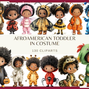 Può includere: Illustrazione digitale di bambini afroamericani in vari costumi. I costumi includono gufo, coccinella, farfalla, ape, zucca arancione, mostro blu, pipistrello, pecora, giraffa, ragno, serpente e pappagallo. Testo: "AFROAMERICAN TODDLER IN COSTUME" e "130 CLIPARTS."