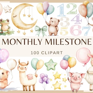 MONATLICHER MEILENSTEIN - 100 Aquarell Clip Art (Baby Monatlicher Meilenstein Geburtstag Clipart Monatliches Wachstum Baby Shower Geschenk Tier mit Ballon png)
