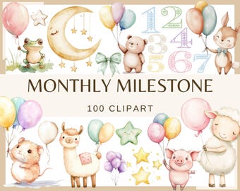 May include: A set of 100 watercolor clipart images featuring a variety of cute animals, numbers, stars, and balloons. The images are perfect for creating baby shower invitations, birthday cards, or other celebratory projects.
