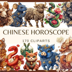 CHINESE HOROSCOOP - 170 clip arts (300 dpi dieren tijger konijn draak slang paard aap geit os haan rat varken hond Chinees sterrenbeeld)