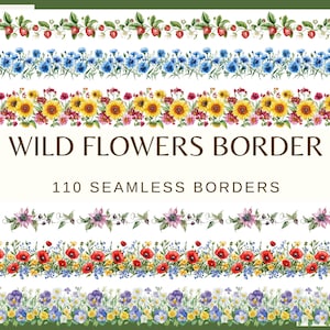 WILD FLOWERS Seamless BORDÜREN - 110 Clip arts (300 dpi | Floral Border png Pack | Wild Flowers, Hochzeit, Boho, Botanical Design)