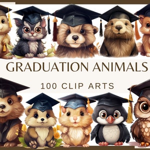 ABSCHLUSS TIERE - 100 Aquarell Clip Art (Png, 300 dpi, eule, niedliche Graduierung, Graduierung Hut, Graduierung Mädchen, Abschlussfeier, Party)
