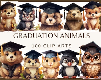 Imágenes prediseñadas de animales de graduación en acuarela: 100 imágenes PNG (descarga digital)