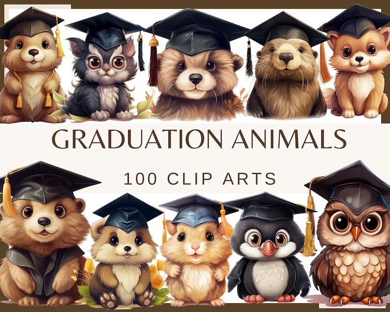 May include: A digital illustration featuring a collection of adorable graduation animals, including a bear, cat, otter, and owl, each wearing a graduation cap. The text "GRADUATION ANIMALS" and "100 CLIP ARTS" are displayed below the images.