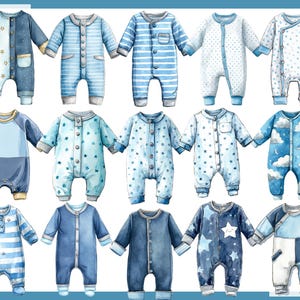 May include: Watercolor illustration of baby onesies in various shades of blue. Designs include stripes, stars, and cloud patterns. Each onesie has long sleeves and a button-up front, perfect for newborns and infants.
