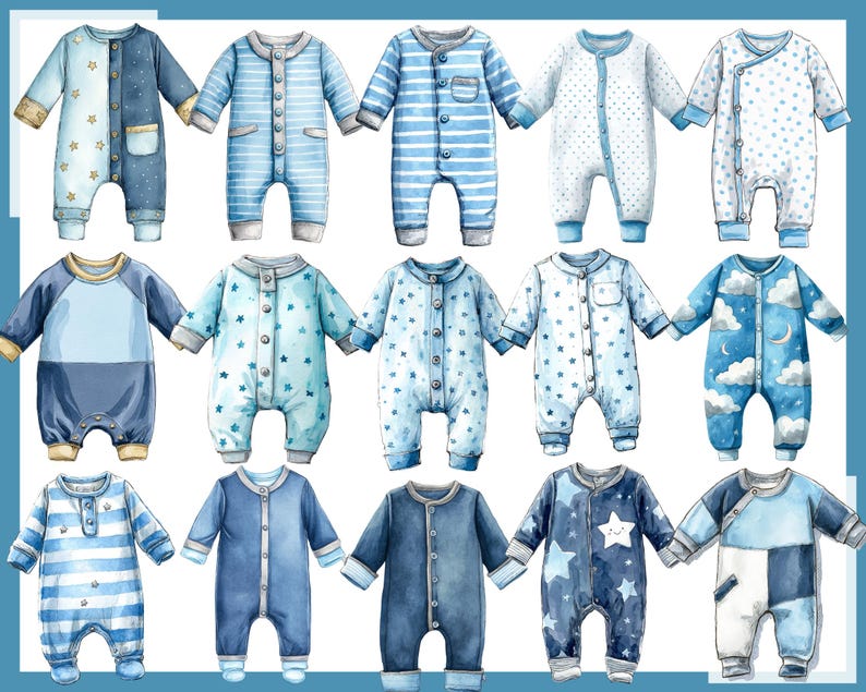 May include: Watercolor illustration of baby onesies in various shades of blue. Designs include stripes, stars, and cloud patterns. Each onesie has long sleeves and a button-up front, perfect for newborns and infants.