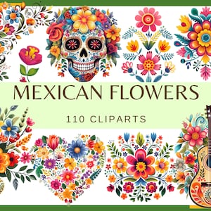 MEXIKANISCHE BLUMEN - 110 Clip-Arts (300 dpi, Mexiko, Otomi, Cinco de Mayo Party, Blumen, Schädel mit Blume, Gitarre, Junk Journal, png)
