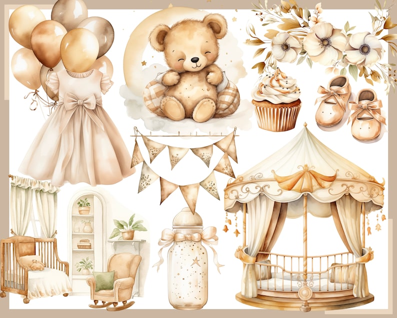 Ours en peluche beige 100 cliparts, baby shower pour nouveau-nés, décoration de chambre d'enfant, bébé garçon, petite fille, ours en peluche beige image 6