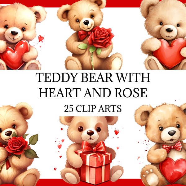 TEDDY BEAR WITH heart and rose - 25 clip arts (300 dpi, Transparent background, commercial use, bundle, digital, love, valentine's day)