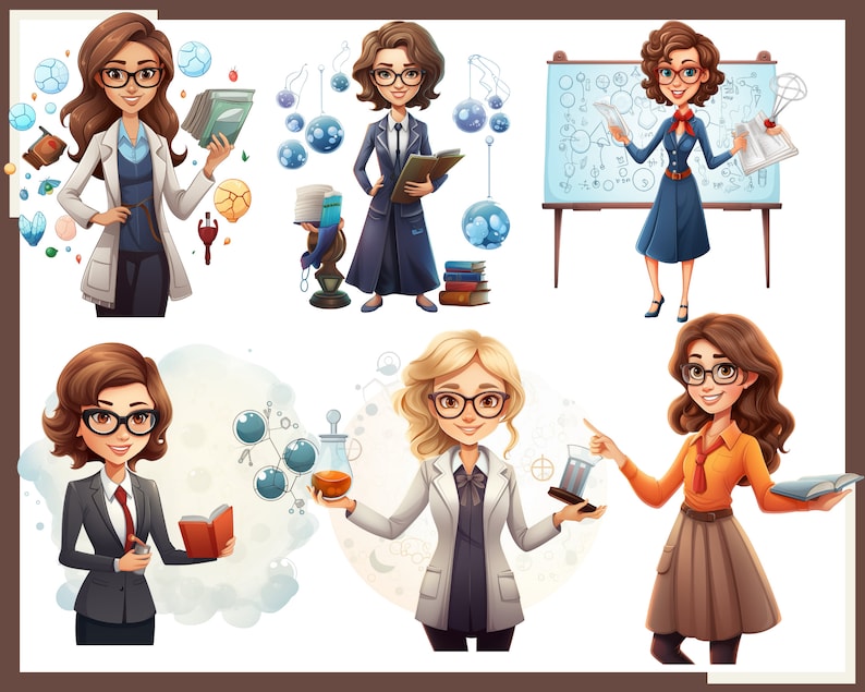 May include: Illustration of six female scientists with different backgrounds and personalities. Each woman is wearing a lab coat, glasses, and holding a scientific object. The illustration is colourful and whimsical.