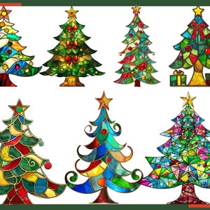 May include: Seven stained glass Christmas trees in various colours and designs. The trees are all different shapes and sizes, and they are all decorated with baubles and lights.