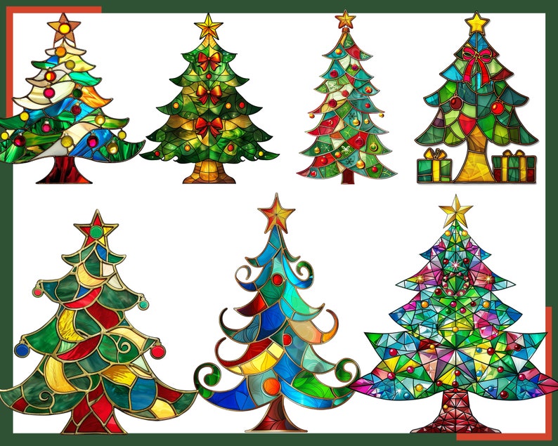 May include: Seven stained glass Christmas trees in various colours and designs. The trees are all different shapes and sizes, and they are all decorated with baubles and lights.