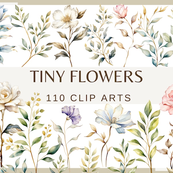 TINY FLOWERS - 110 clip arts (300 dpi, commercial use, bundle, digital, gentle gold flowers, floral, wedding elements, junk journal)