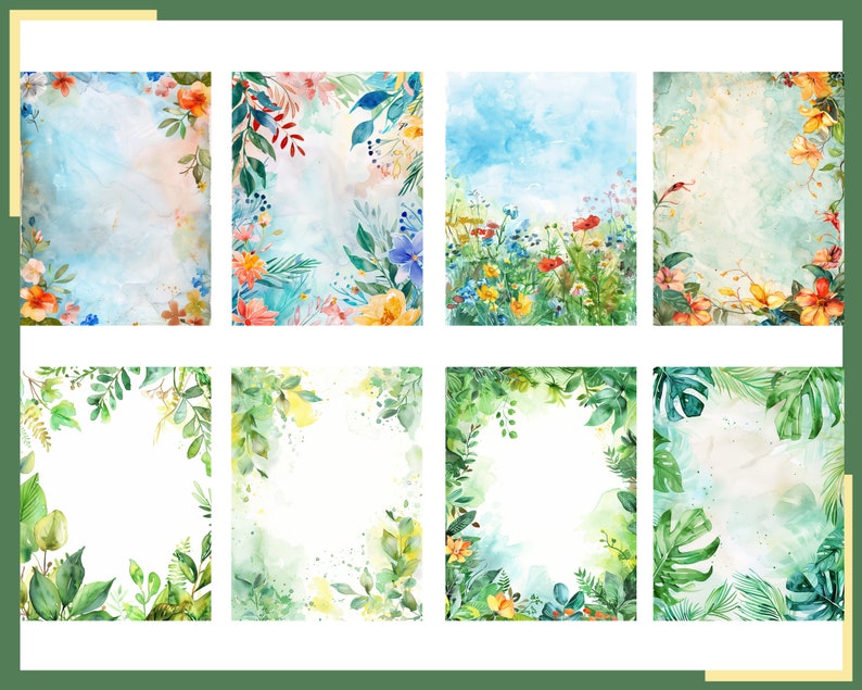 May include: A set of eight watercolor floral and foliage frames with a white background. The frames are perfect for adding a touch of nature to your designs.