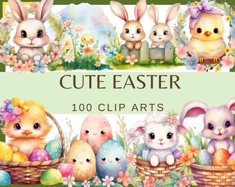 CUTE KAWAII EASTER - 100 watercolor clip arts (Transparent background, 300 dpi Easter Digital Paper, Spring Holiday, png commercial use))