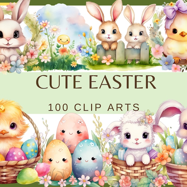 CUTE KAWAII EASTER - 100 watercolor clip arts (Transparent background, 300 dpi Easter Digital Paper, Spring Holiday, png commercial use))