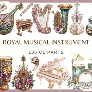 KONINKLIJK MUZIEKINSTRUMENT: 100 clip arts (png, 300 dpi, commercieel gebruik, gitaar, viool, piano, drum, grammofoon, solsleutel)