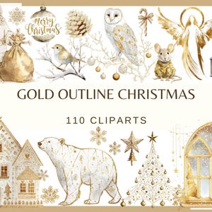 May include: Watercolor illustrations of Christmas-themed elements with gold outlines. The image includes Santa Claus, an owl, a polar bear, a mouse, an angel, and other festive decorations. Text reads "Gold Outline Christmas" and "110 Cliparts".