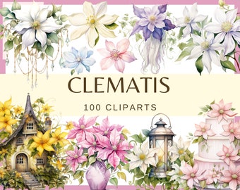 Clematis Floral Clipart: 100 PNG Garden Graphics (Commercial Use)
