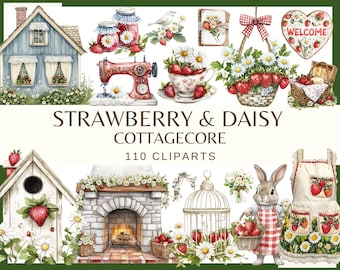 Strawberry Daisy Cottagecore Clipart: Watercolor Summer Garden PNG (Digital Download