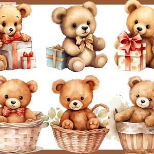 May include: Six watercolor illustrations of brown teddy bears with different poses and accessories. Some bears are holding gifts, while others are sitting in baskets.