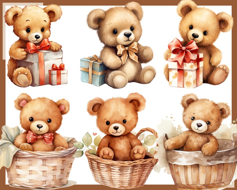 May include: Six watercolor illustrations of brown teddy bears with different poses and accessories. Some bears are holding gifts, while others are sitting in baskets.