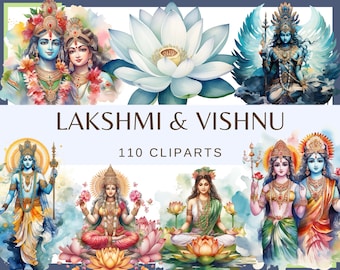 May include: A digital illustration set of 110 clipart images featuring Lakshmi and Vishnu, Hindu deities, in various poses. The images are in a watercolor style with vibrant colors and intricate details. The set includes images of Lakshmi and Vishnu together, as well as individual images of each deity.