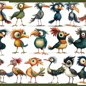 May include: A collection of 15 colorful cartoon birds with large eyes and unique features. The birds are drawn in a whimsical style and have a variety of colors, including blue, green, yellow, red, and orange.