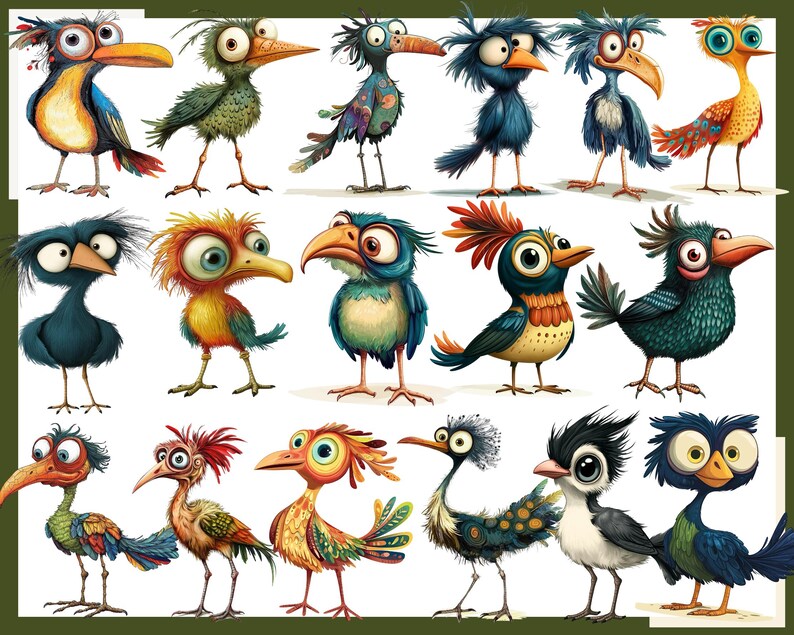 May include: A collection of 15 colorful cartoon birds with large eyes and unique features. The birds are drawn in a whimsical style and have a variety of colors, including blue, green, yellow, red, and orange.