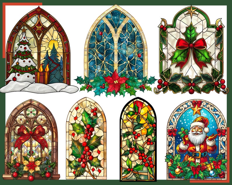 May include: Seven stained glass windows with a Christmas theme. The windows feature a Christmas tree, holly, a poinsettia, a red bow, a star, and Father Christmas.