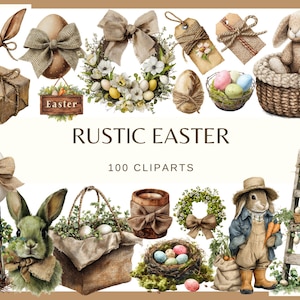 May include: A collection of watercolour illustrations with an Easter theme. The image features bunny ears, eggs with bows, wreaths, a stuffed bunny in a basket, a bunny in overalls, and the text "RUSTIC EASTER".