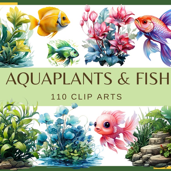 AQUAPLANTS & Aquarium FISH - 110 clip arts (300 dpi, Transparent background, commercial use, bundle, digital, floral, decor for aquarium)