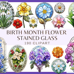 Birth Month Flowers Stained Glass - 190 clip arts (300 dpi, commercial use, bundle, digital, transparent background, floral, watercolor)