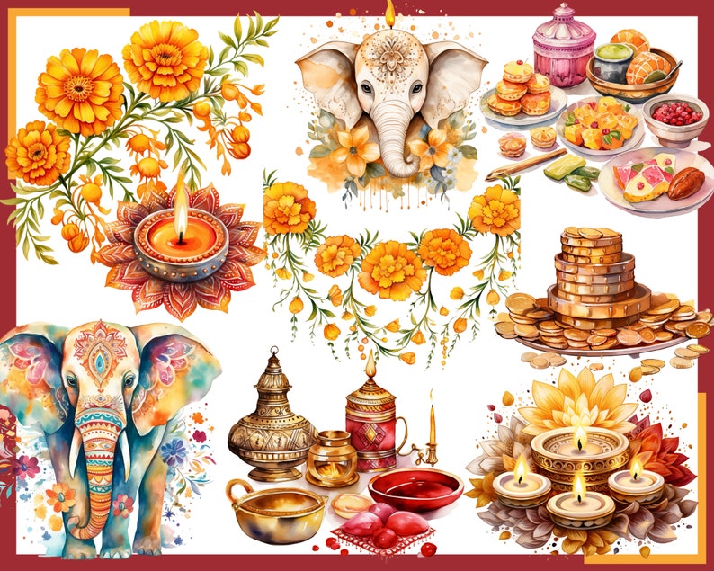 Diwali Clipart: Watercolor Diya, Rangoli, Ganesha - 100 Pngs (digital ...