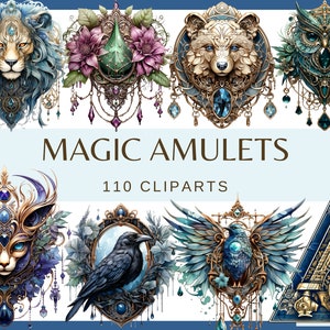 MAGISCHE AMULETTEN - 110 clip arts (300 dpi, transparante achtergrond, bundel, esoterisch, png, mystiek, hekserij, occult, dierenamulet, mysterie)