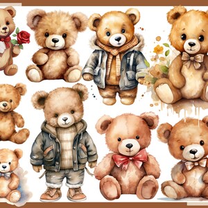 May include: Nine watercolor illustrations of teddy bears in various poses. Some bears are wearing clothing, including a blue jacket, a brown scarf, and a striped sweater. The bears are all brown and have black eyes and noses.