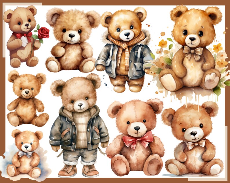 May include: Nine watercolor illustrations of teddy bears in various poses. Some bears are wearing clothing, including a blue jacket, a brown scarf, and a striped sweater. The bears are all brown and have black eyes and noses.