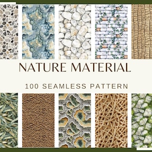 Könnte beinhalten: Eine Sammlung von 100 nahtlosen Mustern mit verschiedenen Naturtexturen, darunter Stein, Holz, Blätter und Ranken. Die Muster eignen sich perfekt für die Erstellung digitaler Designs, Hintergründe und mehr.