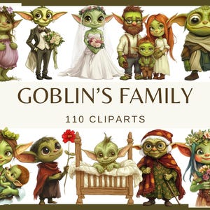 FAMILLE DES GOBELINS - 110 images clipart (300 dpi jolies créatures féeriques, lot, numérique, ésotérique, png, mariage de gobelins, bébé gobelin, dessin animé mystère)