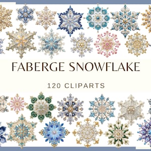 Puede incluir: Una colección de diseños de cliparts de copos de nieve ornamentados en tonos joya, incluyendo dorado, azul y rosa. El texto "FABERGE SNOWFLAKE" y "120 CLIPARTS" se muestra. Ideales para proyectos temáticos de invierno.