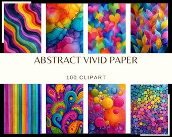 Puede incluir: Una colección de 100 papeles digitales etiquetados como ABSTRACT VIVID PAPER, que presenta ocho diseños distintos que incluyen ondas de arcoíris, texturas de tinta al alcohol, corazones coloridos, hojas vibrantes, rayas verticales, patrones de cachemira, burbujas y círculos.