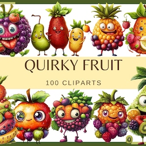 QUIRKY FRUIT - 100 clip arts (300 dpi banana, funny fruit, bundle, digital, png, avocado, dragon fruit, fruit kawaii cute fruit apple grape)