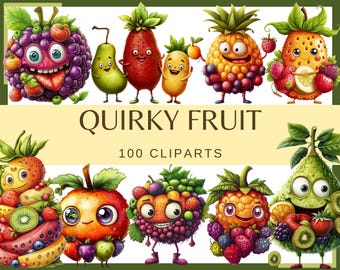 Quirky Fruit Clipart: 100 Funny Kawaii PNG Graphics (Digital Download)