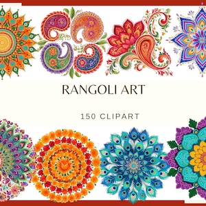 May include: A collection of digital Rangoli art featuring 150 clipart designs. The images include colorful mandalas, intricate paisley patterns, floral motifs, and peacock-inspired designs in vibrant shades of orange, blue, pink, and green.