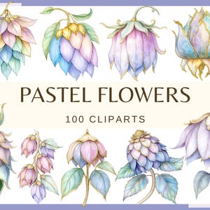 パステル フラワー - クリップ アート 100 点 (300 dpi、商用利用、バンドル、デジタル透明背景、花柄、ウェディング エレメント、ジャンク ジャーナル)