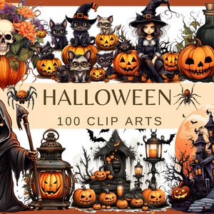 HALLOWEEN - 100 klipartów (300 dpi, Wiedźma, Duch, Pająk, Nietoperz, Upiorny zombie, Czarny kot, Clipart „Cukierek albo psikus”, Nawiedzony dom, Kocioł)
