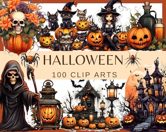 Halloween: 100 PNG, 300 DPI Witch, Ghost, Bat, Spooky Autumn Fall Fantasy (Commercial Use, Digital Download)